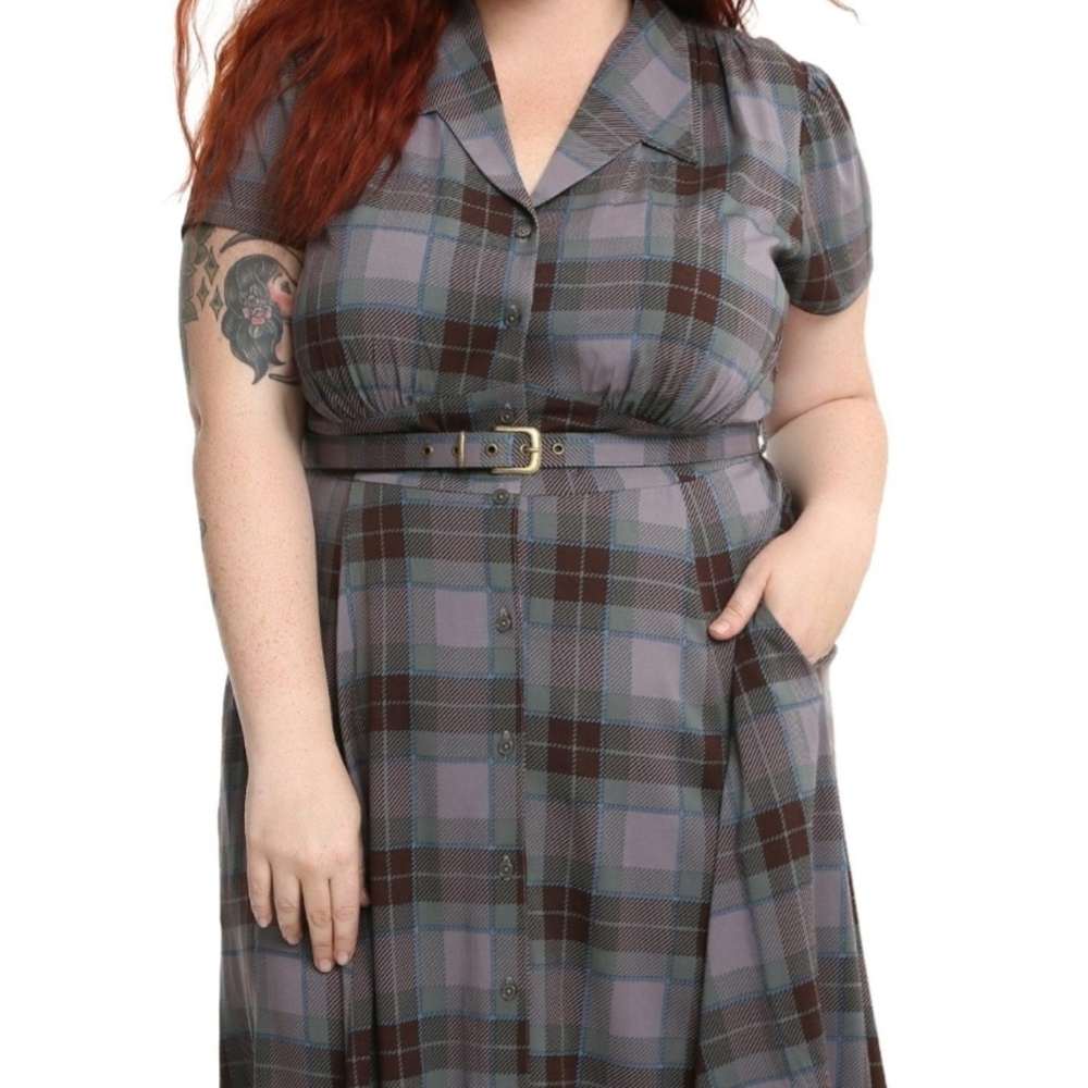 torrid Plaid Button-Front Midi Dress in Gray and Brown